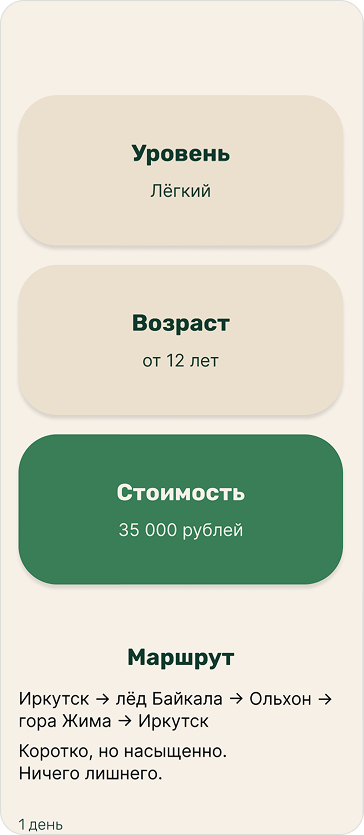 Мобильные карточки о сложности, возрасте, стоимости и маршруте
